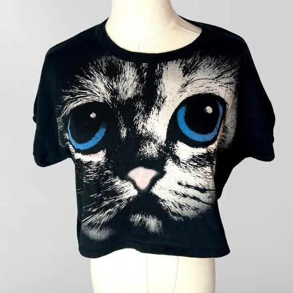 MilkWay Kitty Cat Large Face Print Graphic Crop Tee Shirt - Picture 1 of 4